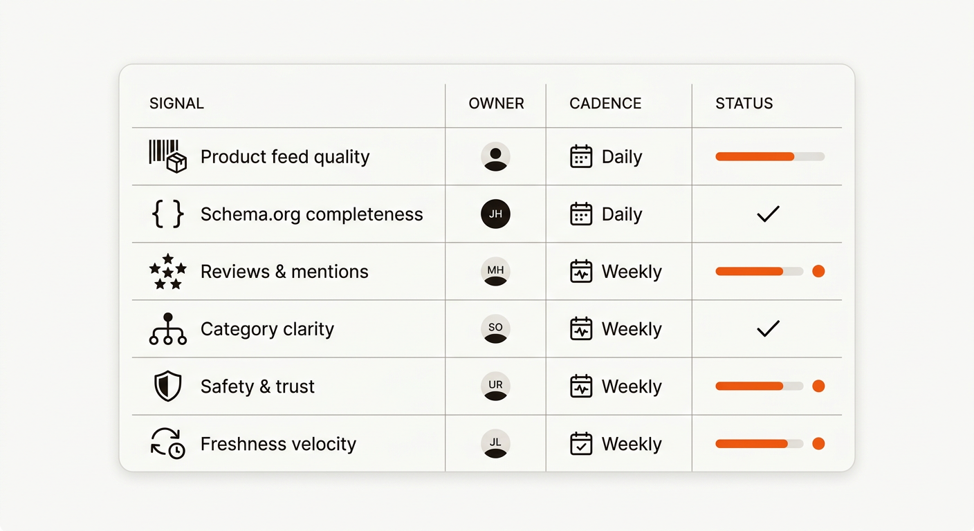 Minimalist vector scorecard showing rows for key signals with icons, owner avatars, cadence calendars, and progress bars, styled in orange accents, ink black lines, and an off‑white background.