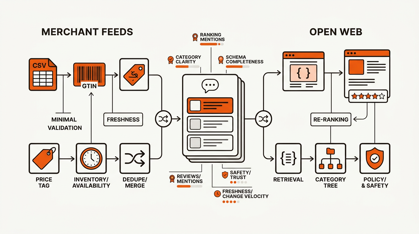 Minimalist vector diagram with two lanes, merchant feeds and open‑web retrieval, merging into an AI product recommendations panel, featuring icons for schema, reviews, price, availability, and safety in orange, ink black, and off‑white.