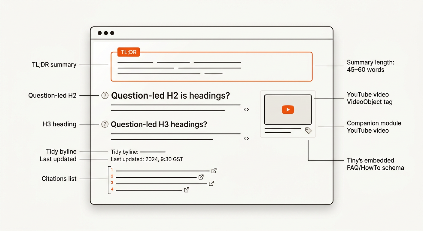 Minimal vector hero showing a clean above-the-fold page: a highlighted TL;DR box on top, question-led headings beneath, clear byline and date, and a compact citations list, all in the brand’s orange, black, and cream palette.