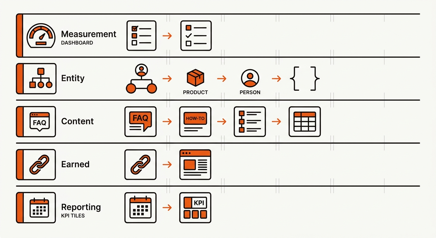 Minimalist five-lane workflow diagram for Measurement, Entity, Content, Earned, and Reporting using icon badges and arrows in brand orange on an off-white background.