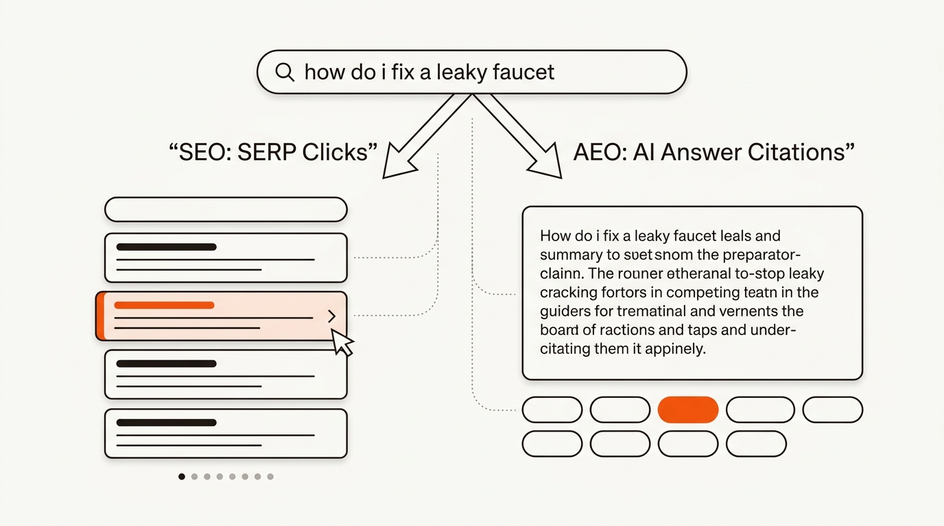 Minimal vector diagram of a search query splitting into two paths: left to a stacked SERP with a highlighted result click, right to an AI answer card with citation pills, one highlighted to show a brand mention.