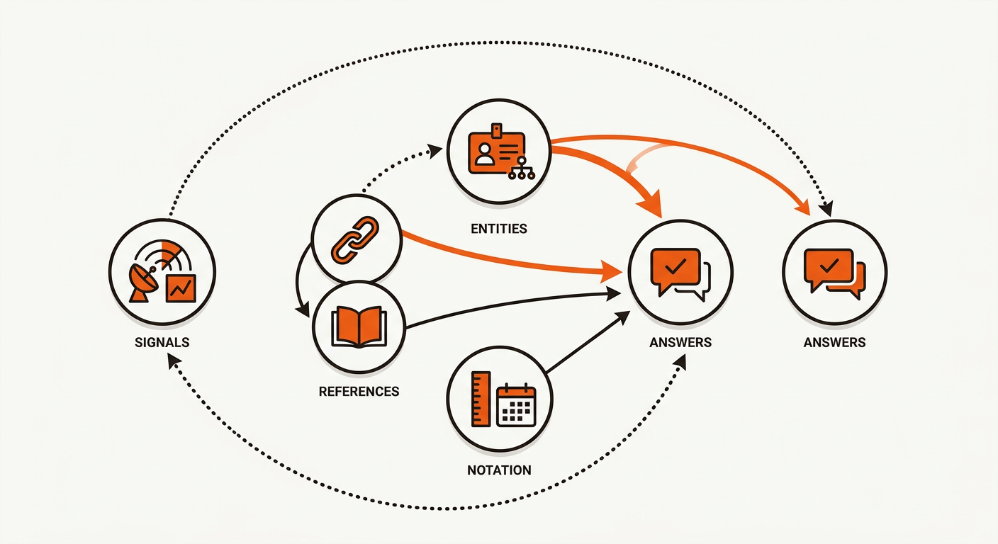Circular EARNS framework diagram showing Entities flowing to Answers, supported by References and Notation, with a Signals feedback loop returning to improve the system.