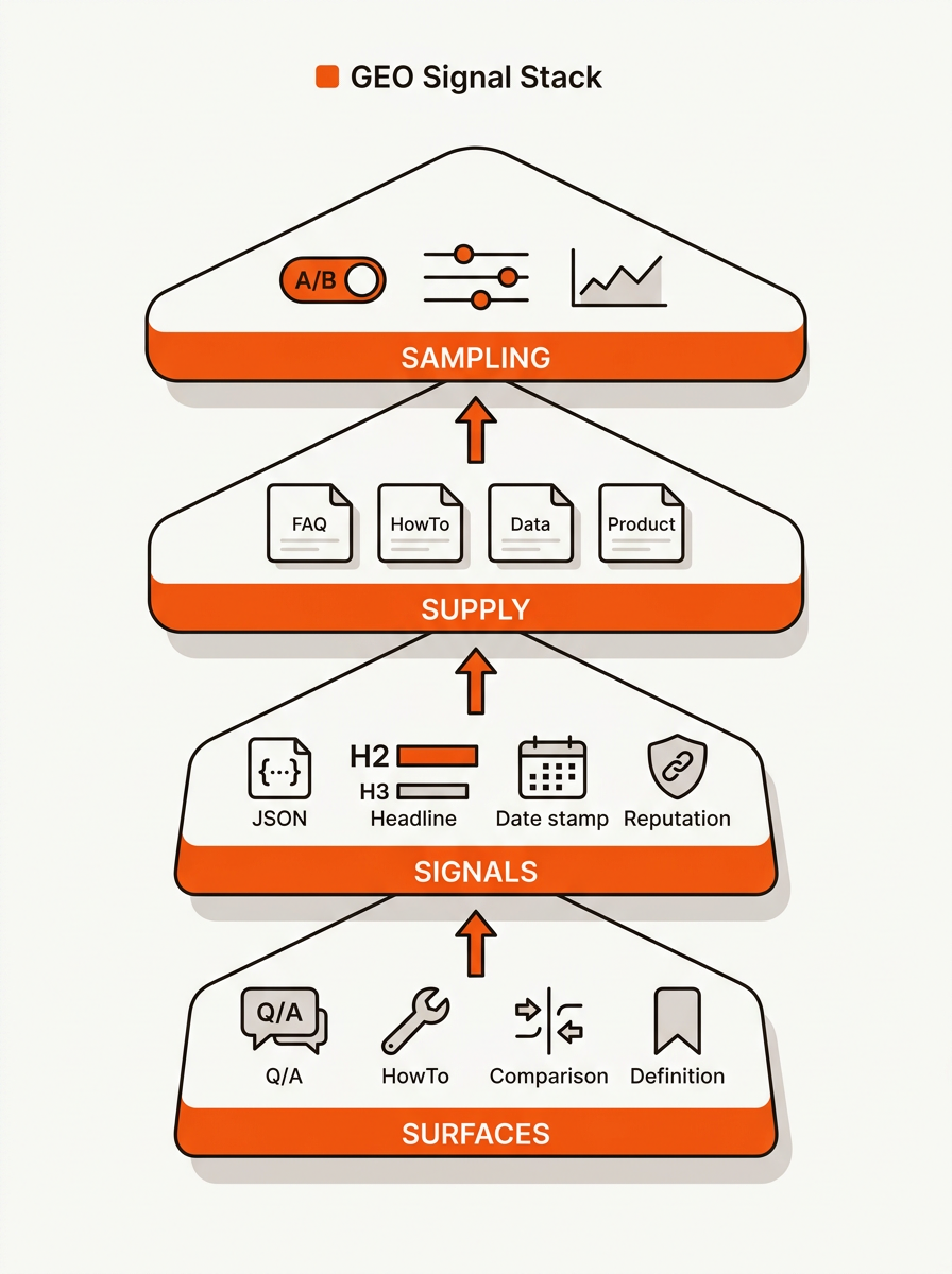 Four stacked layers labeled Surfaces, Signals, Supply, and Sampling with simple icons and arrows showing how content moves up the GEO Signal Stack.