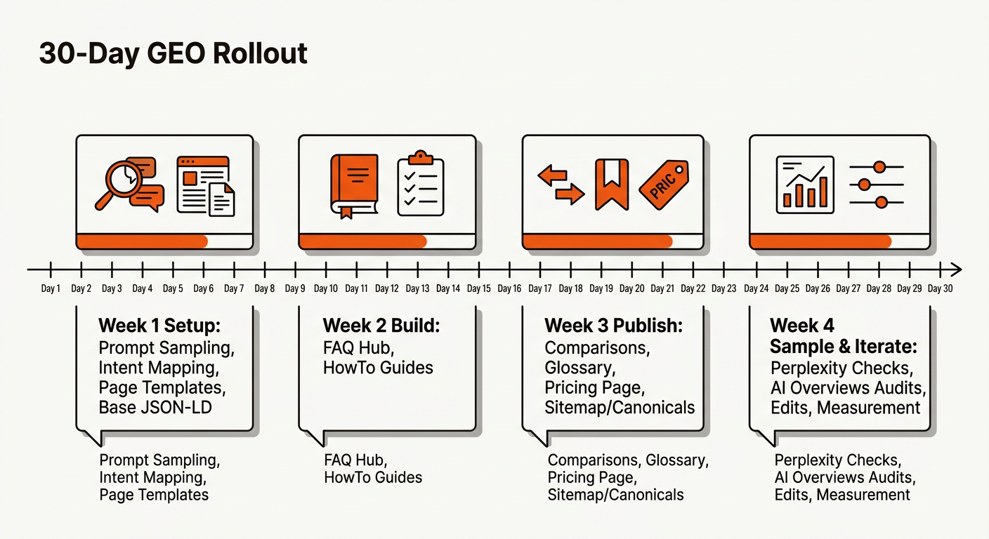 Horizontal 30‑day timeline split into four weekly phases, Setup, Build, Publish, and Sample & Iterate, using brand orange highlights and ink-black lines on an off-white background.