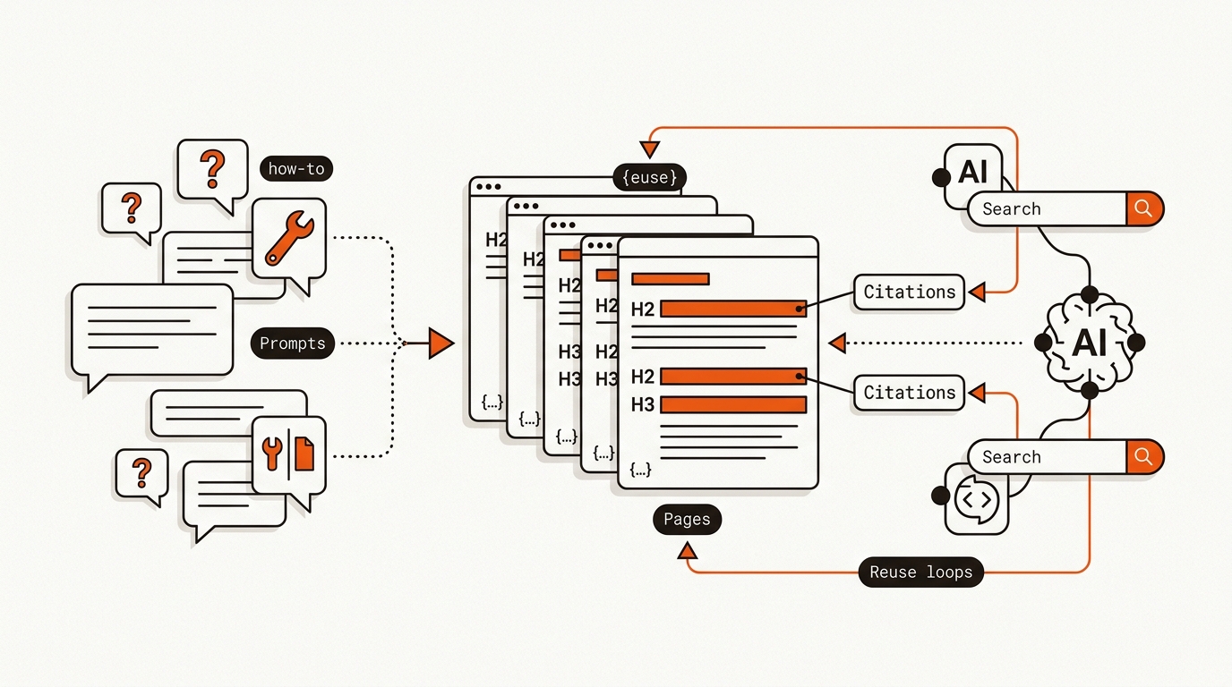Minimalist hero diagram showing a flow from prompts to structured pages to AI engine citations using brand orange, ink-black lines, and an off-white background.