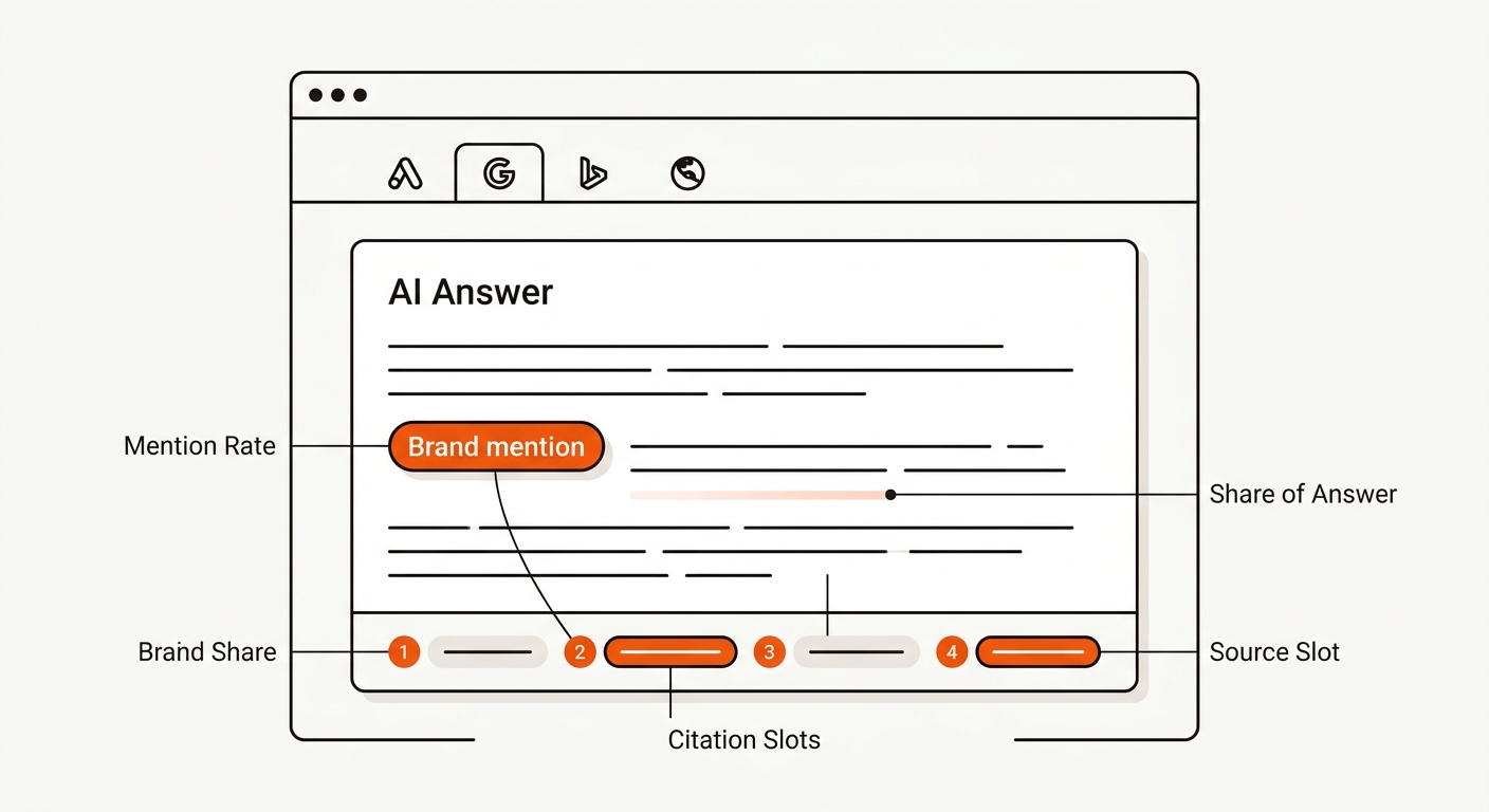 Minimal vector hero of a generic AI answer panel with a highlighted brand mention and clearly marked citation slots using numbered badges.