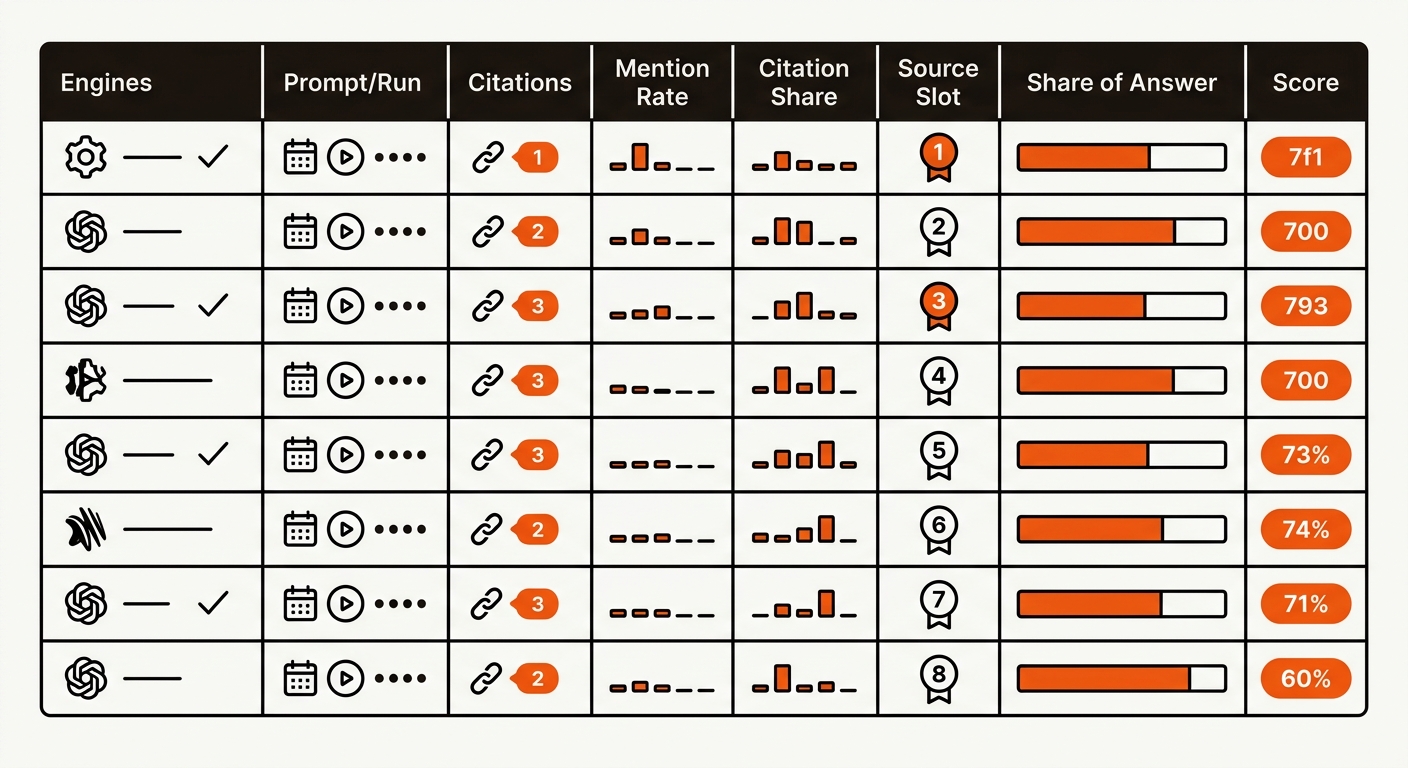 Stylized vector dashboard showing a spreadsheet of prompt panel runs with engine icons, citation counts, bar indicators, and a highlighted score column.