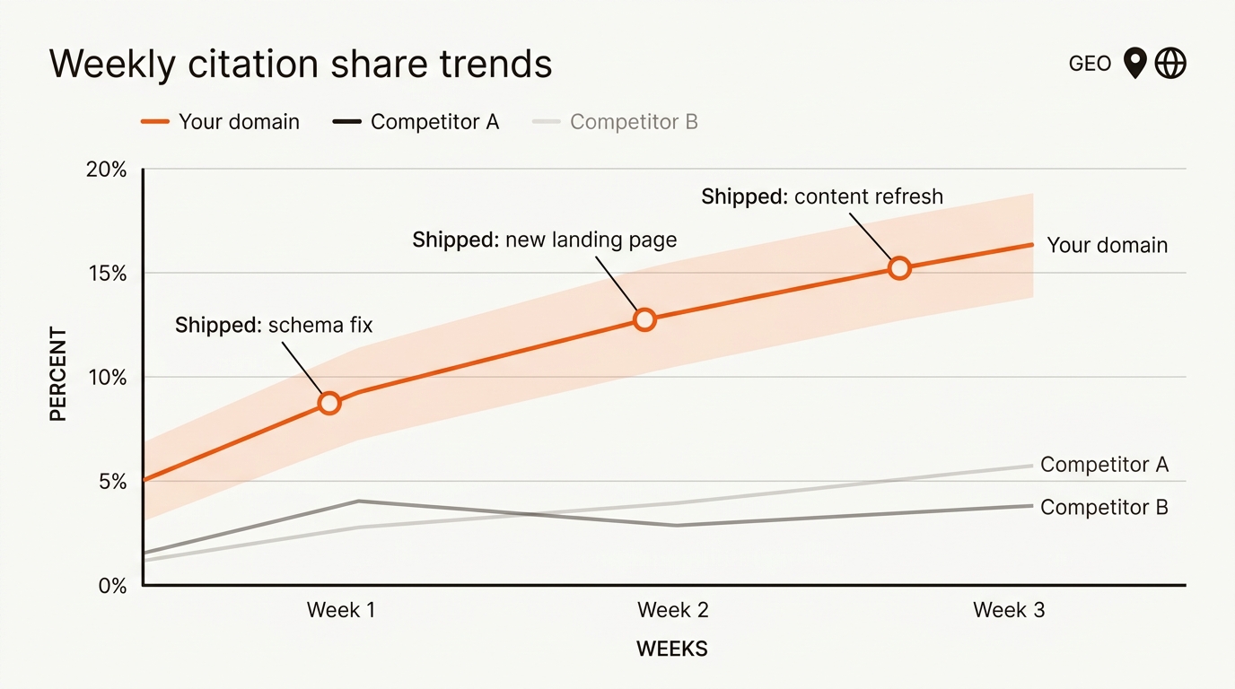Minimalist vector line chart of citation share over three weeks with an orange primary line, faint competitor lines, a shaded variance band, and callout notes for shipped changes.