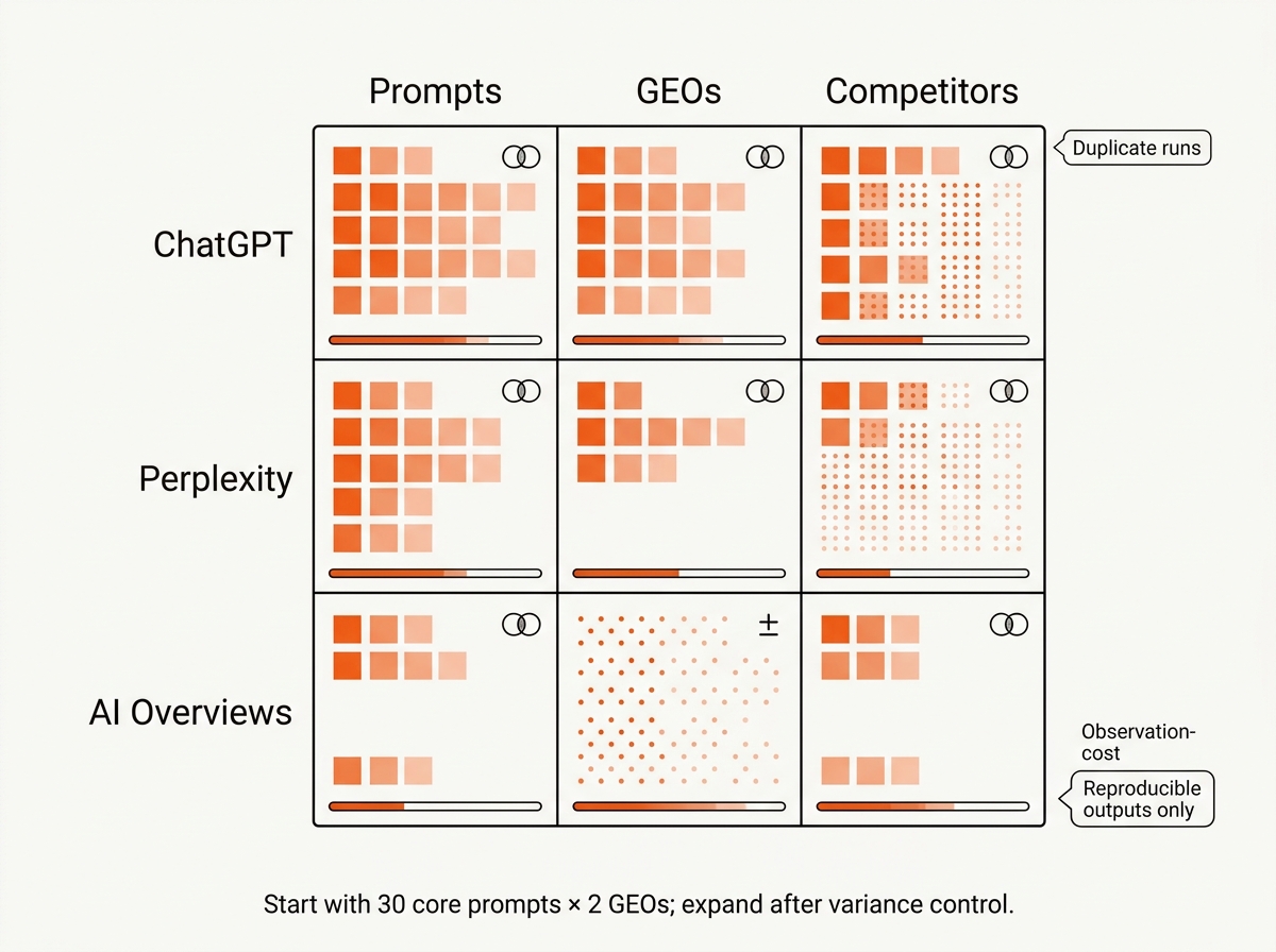 3x3 minimalist matrix mapping ChatGPT, Perplexity, and AI Overviews against Prompts, GEOs, and Competitors, with orange scoring overlays, variability markers, and a caption about starting with 30 prompts × 2 GEOs.