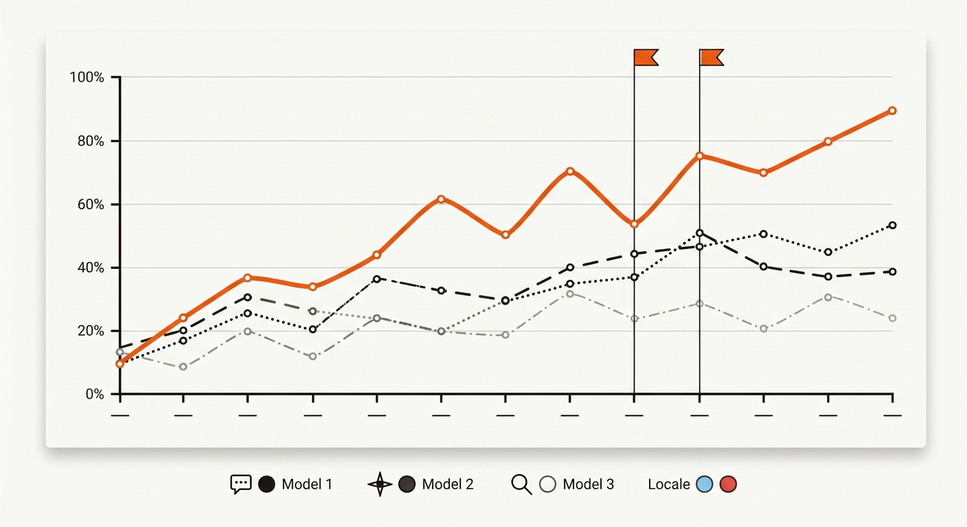 Minimalist vector line chart of weekly share-of-voice by model and locale with vertical release markers and simple icon legend.