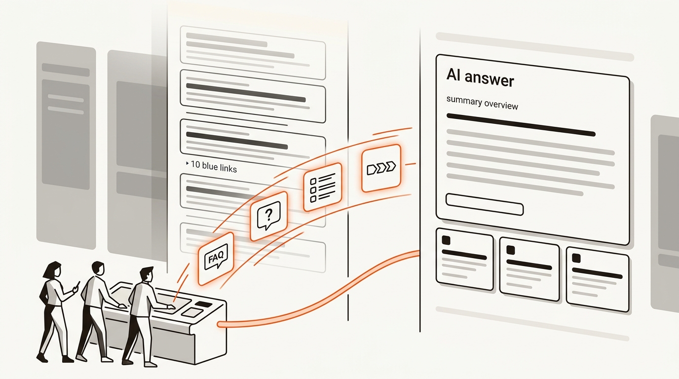 Minimal vector illustration contrasting traditional search results with a dominant AI answer panel, as a small startup team routes structured content across the gap to earn citations, using brand orange accents on an off-white background.