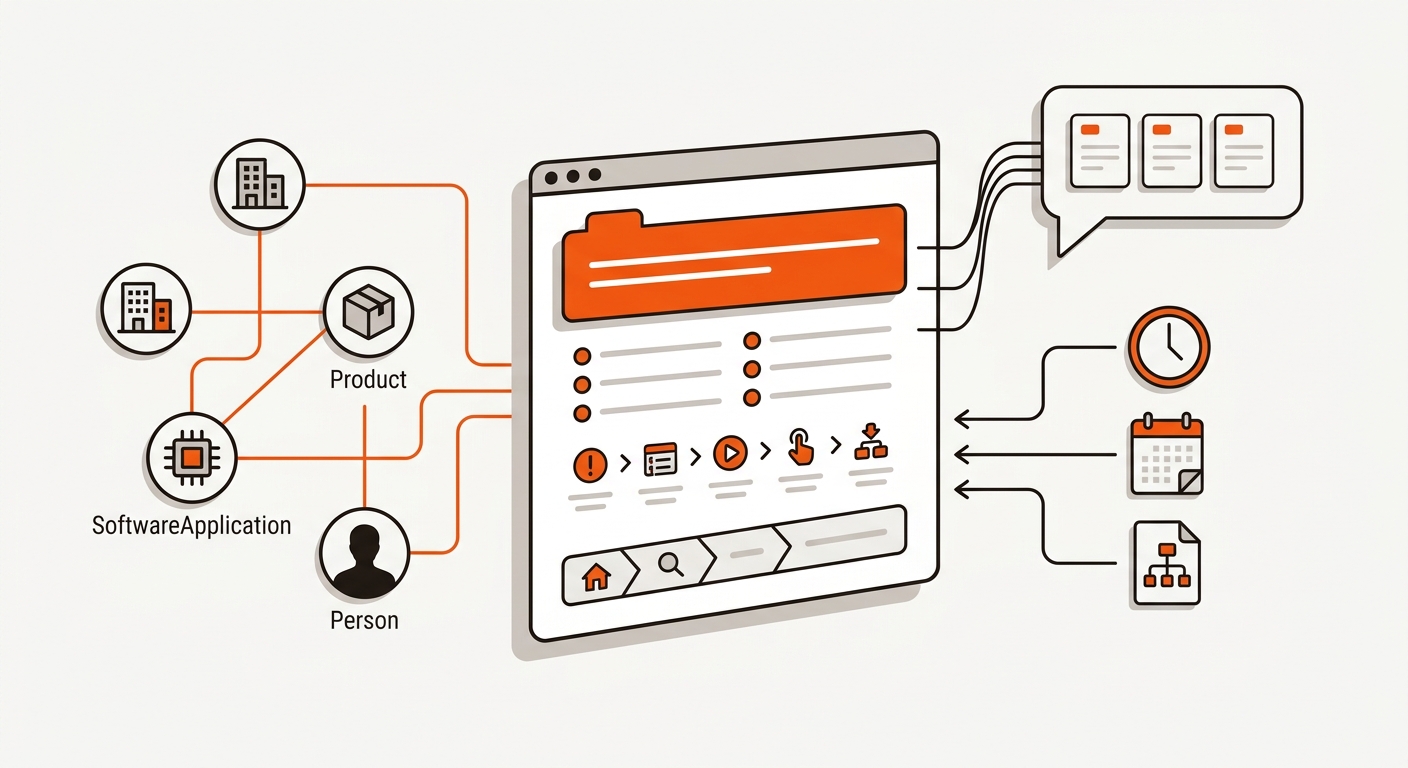 Vector diagram of a structured web page connected to entity nodes on the left, crawl speed and sitemap icons on the right, and an AI answer bubble with citation cards, all in the brand’s minimalist orange, near-black, and off-white palette.