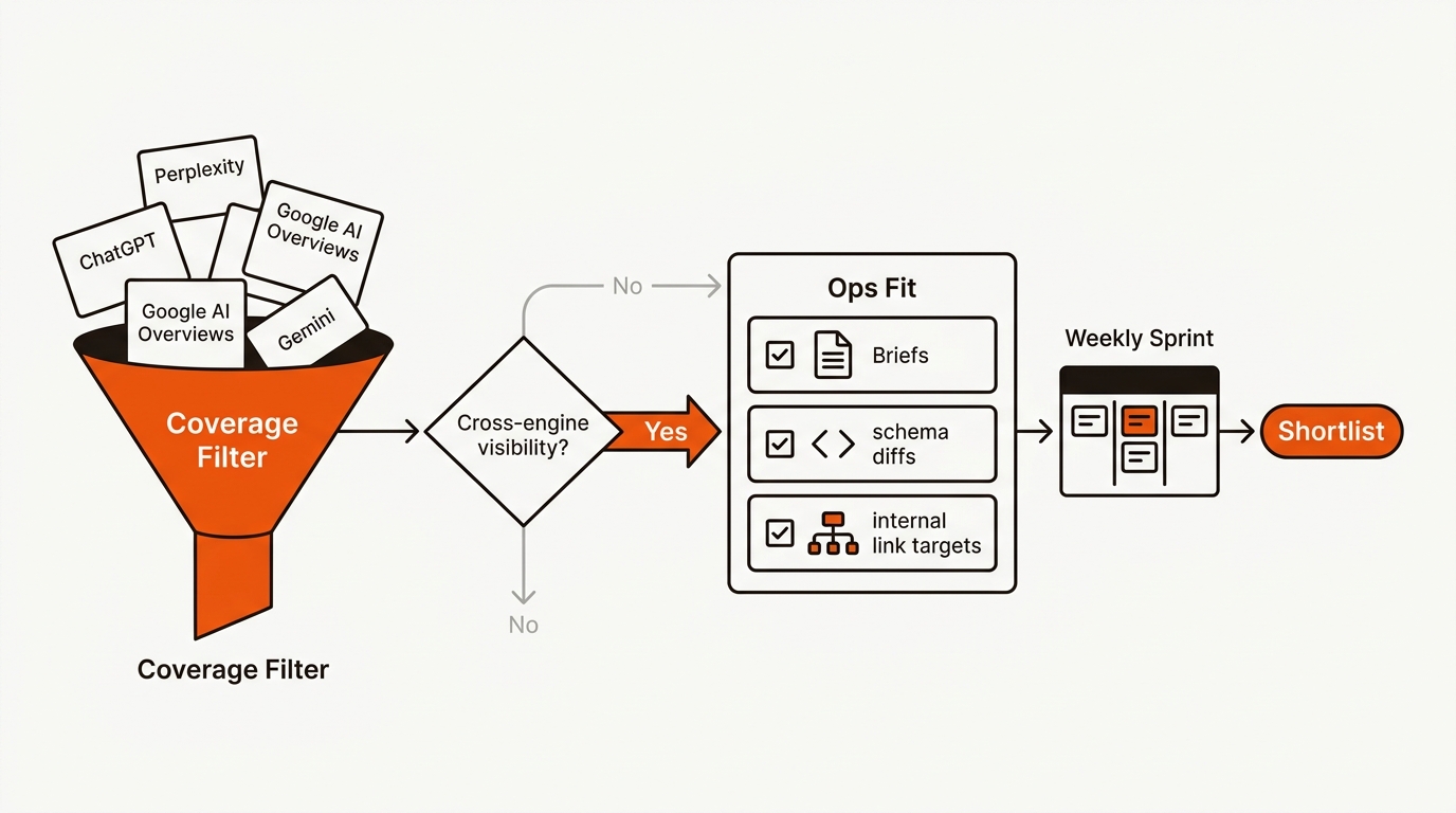 Minimalist vector flowchart showing a coverage filter for ChatGPT, Perplexity, Google AI Overviews, and Gemini, followed by an ops-fit checklist for briefs, schema diffs, and internal link targets, ending in a weekly sprint and shortlist.