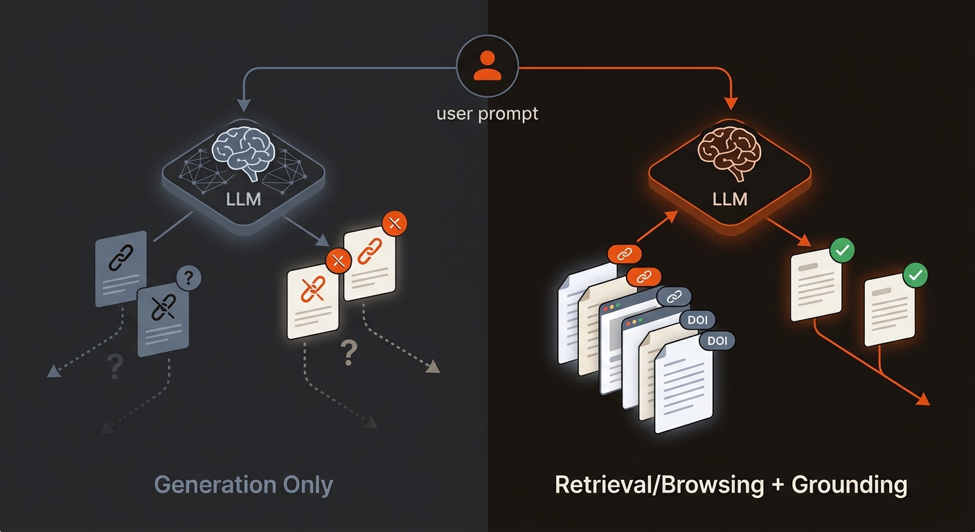 Split-screen diagram comparing a generation-only LLM producing doubtful citations to a retrieval-augmented flow that pulls from documents and web pages to generate verified, linked citations.