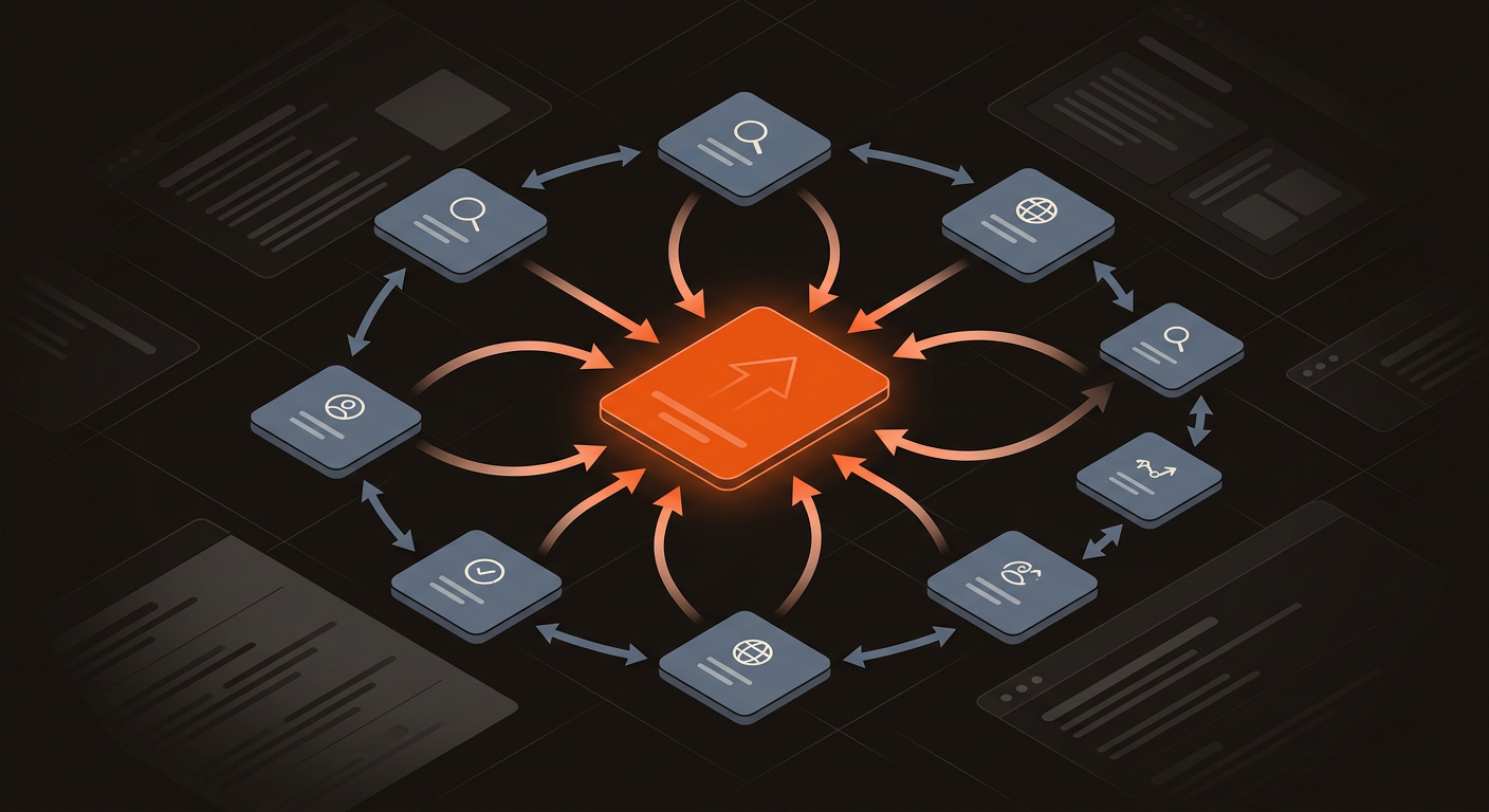 Hero diagram showing multiple low-competition topic pages funneling internal link equity toward a single target page, rendered in brand orange, deep black, and blue‑gray.