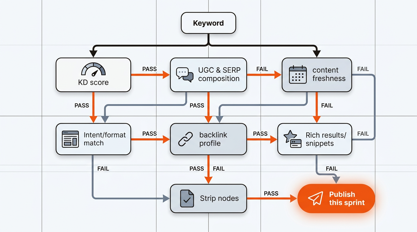 Flowchart illustrating keyword triage: nodes for KD, SERP composition, freshness, intent, backlinks, and snippet lead via orange pass paths to a highlighted publish decision, styled in the brand’s orange, charcoal, and blue-gray.