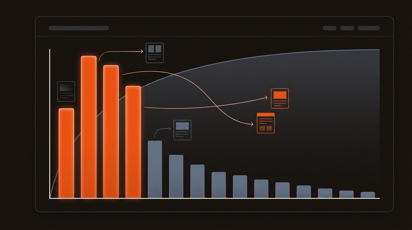 Editorial vector of a Pareto chart on a dark dashboard where a few bright orange bars drive most clicks while many blue-gray bars fade into a long tail, illustrating the 80/20 failure mode in SEO.