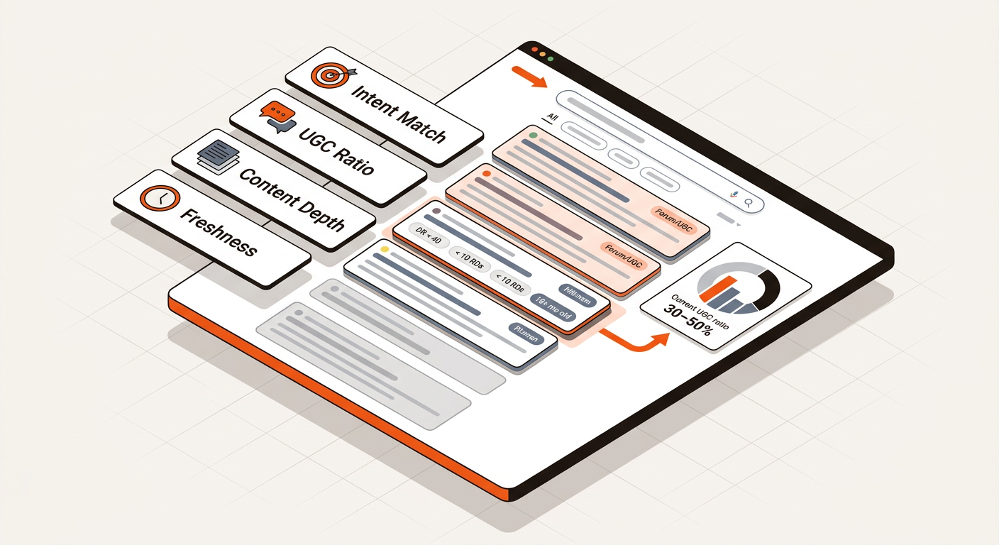 Hero illustration of a stylized SERP with a four-point checklist highlighting intent match, UGC ratio, content depth, and freshness.