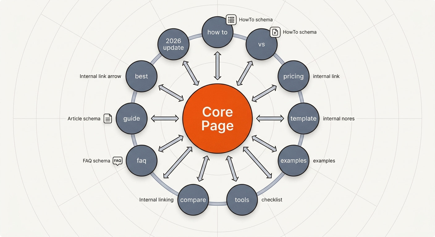 Radial hub-and-spoke diagram showing a core page linked to twelve long‑tail topic pages with internal links.