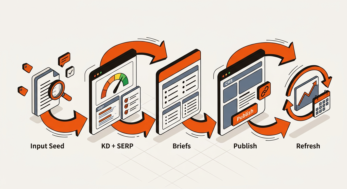 Isometric flowchart showing the Mergeflo workflow from input seed to KD and SERP analysis, briefs, publish, and ongoing refresh.