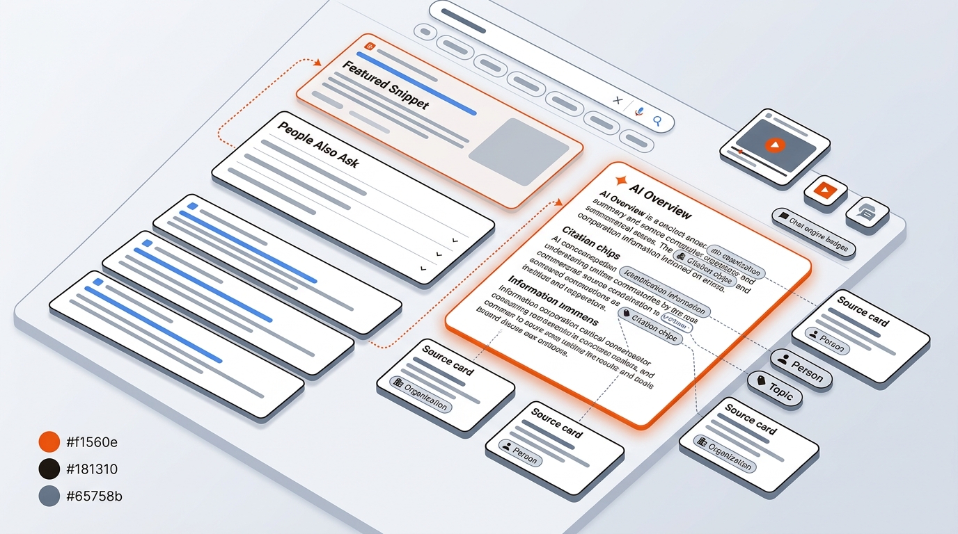 Stylized search results map showing blue links, a featured snippet, People Also Ask, and a prominent AI Overview with citation chips and arrows indicating attention flow.