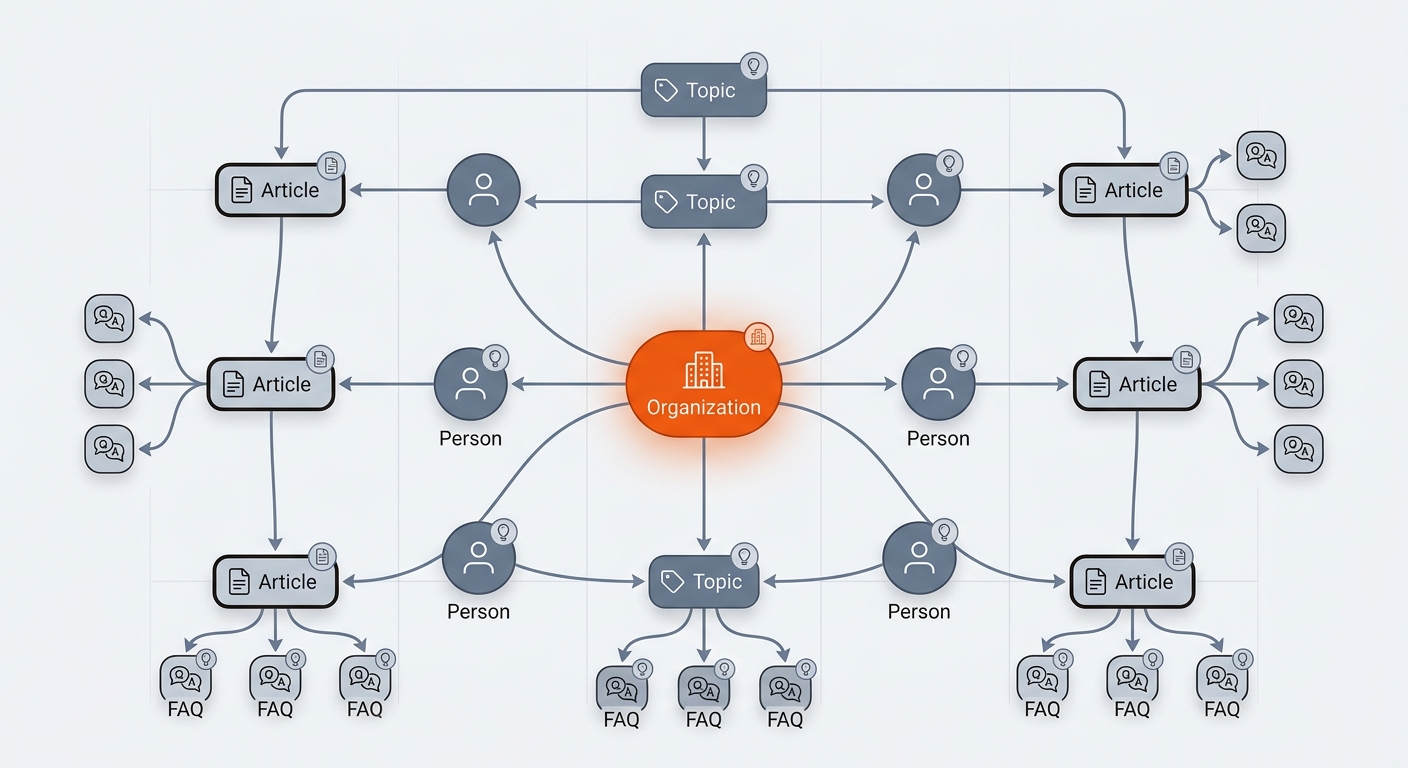 Entity relationship graph with a central Organization node linked to Person, Topic, Article, and FAQ nodes, illustrating schema-driven connections.