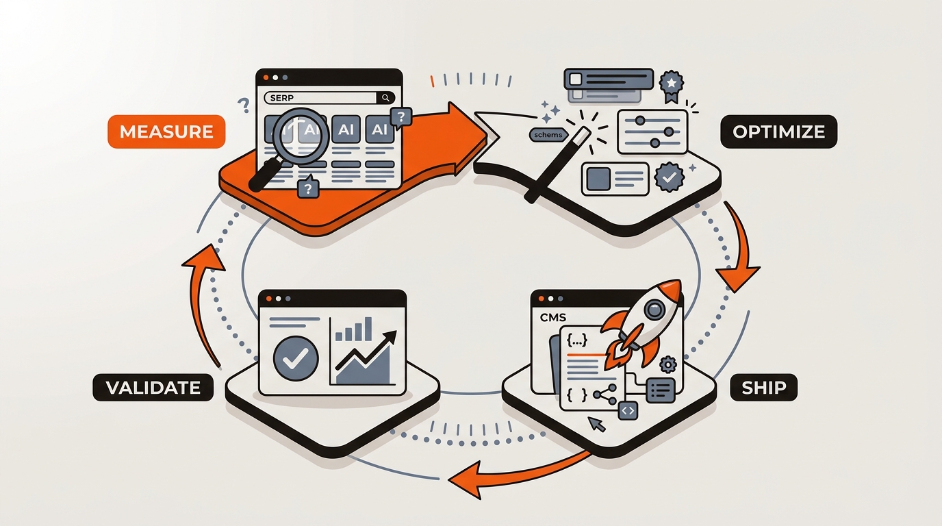 Circular vector workflow showing four AEO stages—measure, optimize, ship, validate—linked in a continuous weekly loop with icons and arrows.
