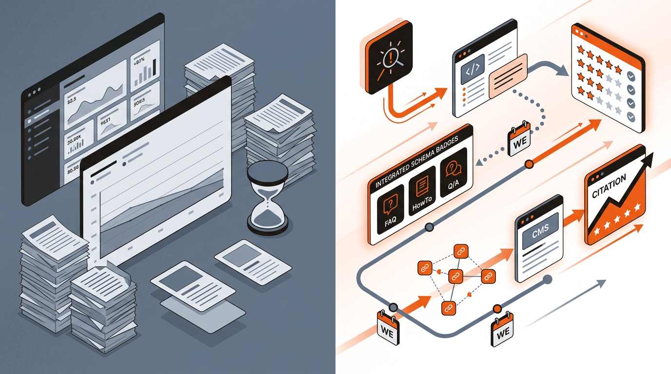 Split-screen infographic comparing a stagnant tracker-only dashboard on the left with an automated, shipping integrated AEO engine on the right.