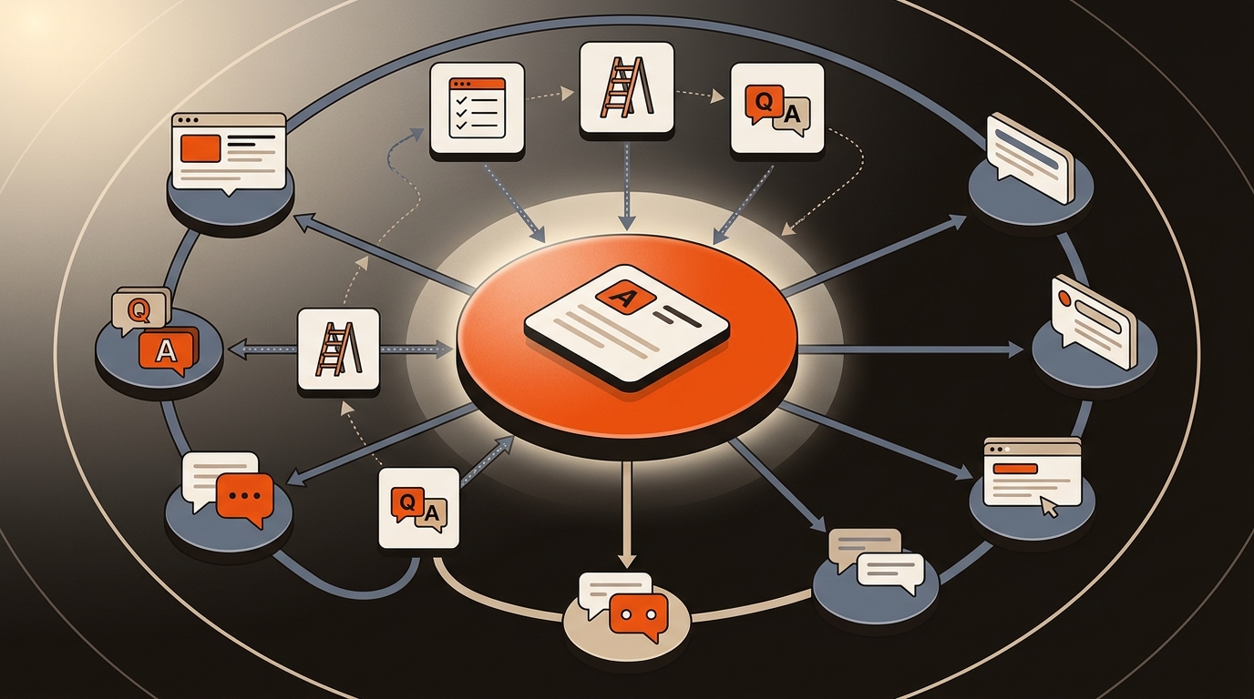 Hero infographic showing a central short-answer hub connected by schema tiles to outer nodes representing Featured Snippets, People Also Ask, and AI chat surfaces.
