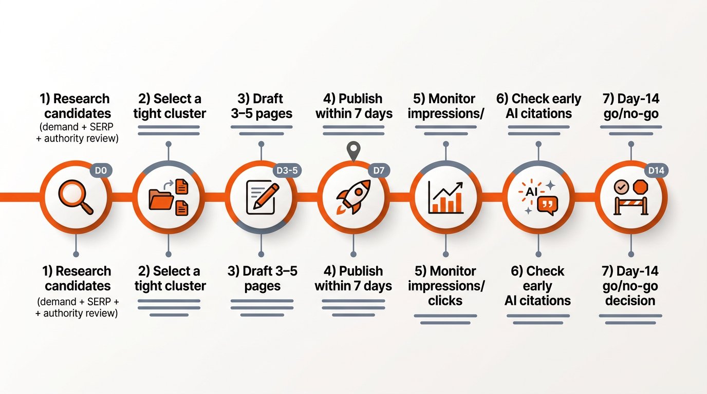 Flat vector timeline showing a 14-day workflow: research signals, pick a cluster, draft 3–5 pages, publish by day 7, monitor impressions and AI citations, and make a day-14 go/no-go decision in brand colors.