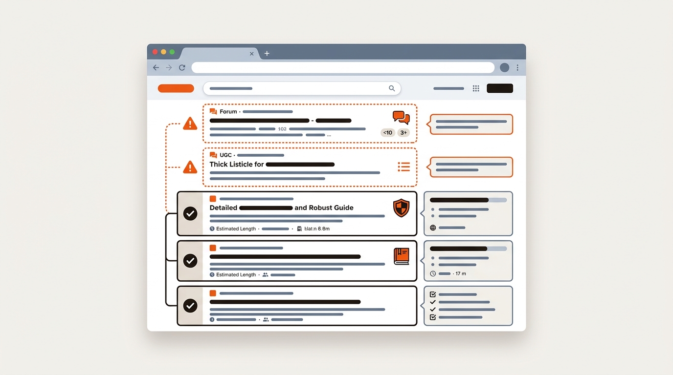 Stylized search results page with annotations highlighting weak forum and thin listicle results versus strong authoritative pages, using bold orange accents and a clean, professional vector style.