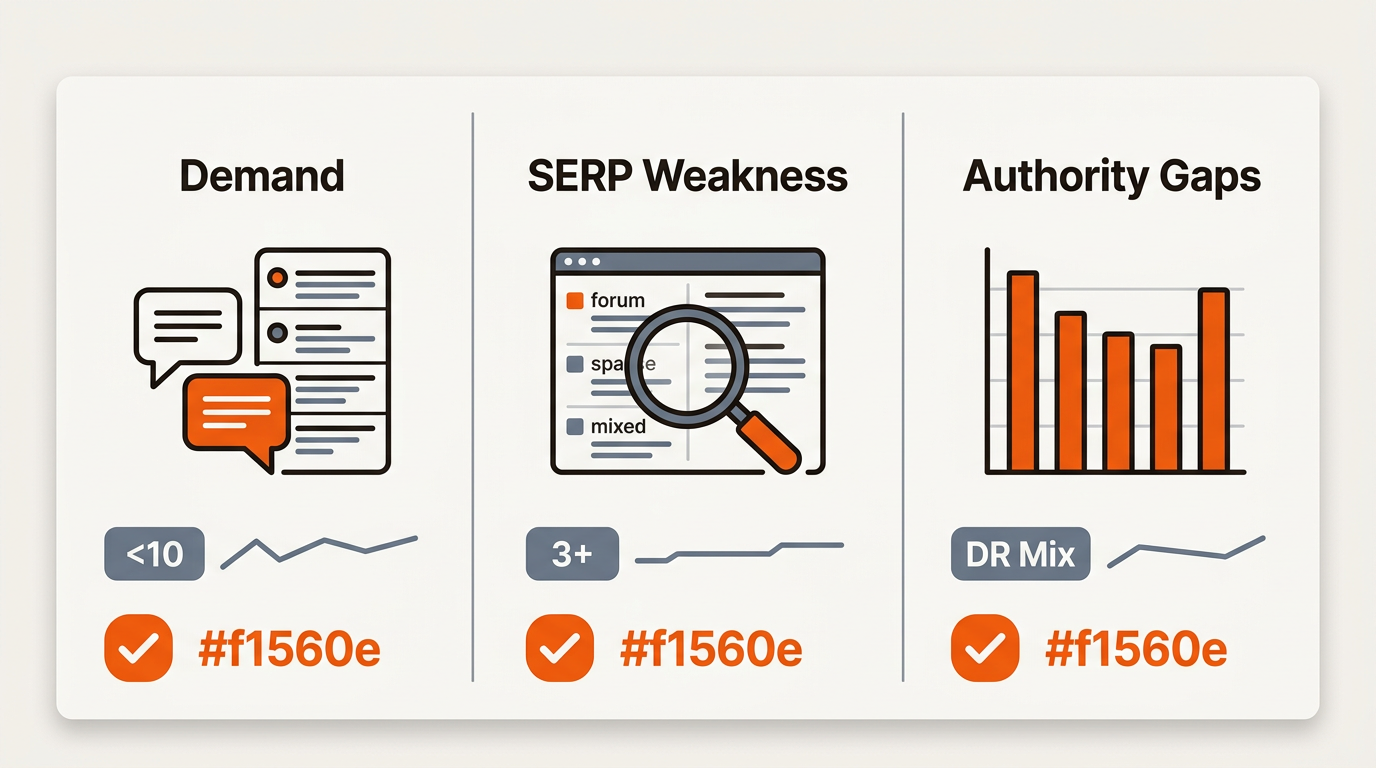 Brand-colored infographic table with three panels highlighting demand, SERP weakness, and authority gaps using bold orange checkmarks, clear icons, and minimal numeric badges.