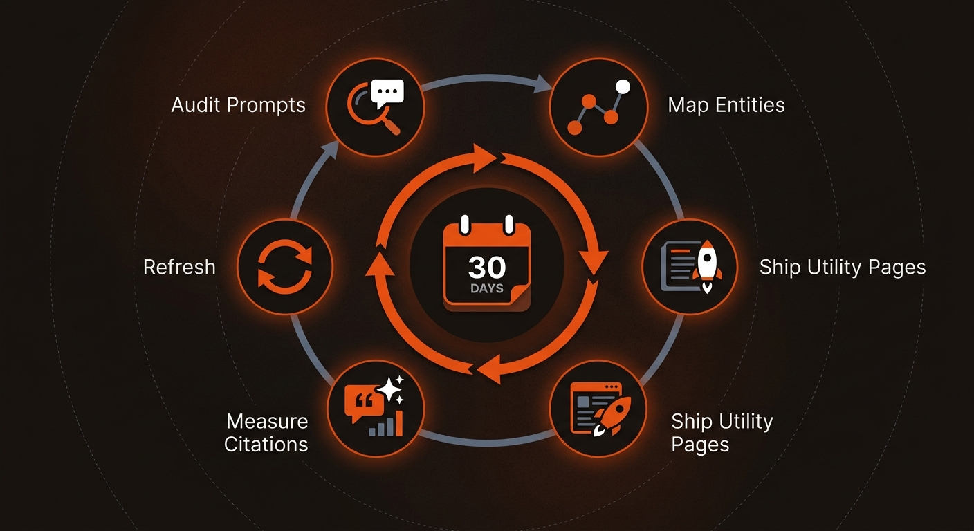 Circular 30-day AEO workflow diagram with icons for auditing prompts, mapping entities, shipping pages, measuring citations, and refreshing, using the brand’s orange, near-black, and blue-gray palette.
