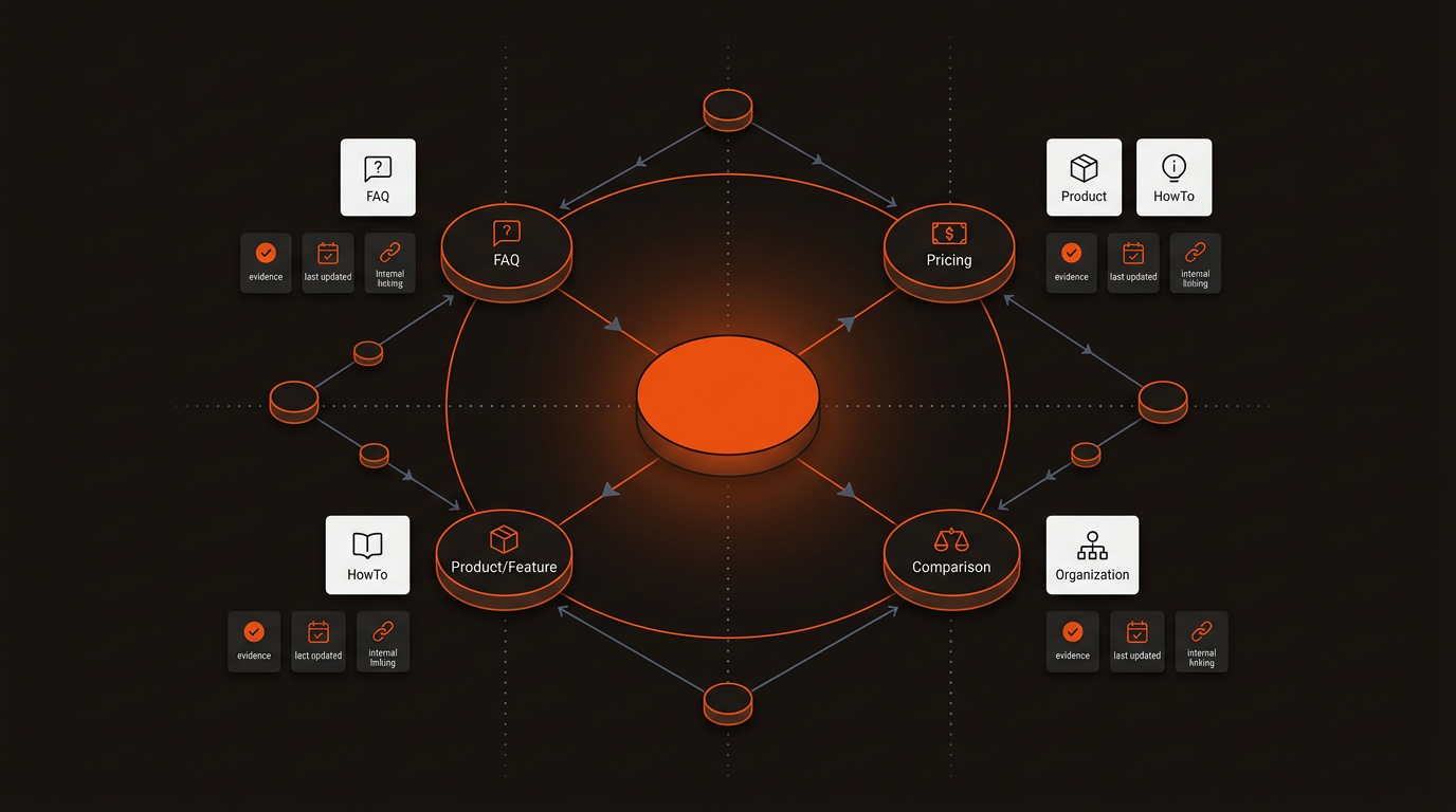 Hero illustration of an AI entity graph linking a primary topic to FAQ, pricing, comparison, and product pages in a clean vector style using orange, near-black, and blue-gray brand colors.