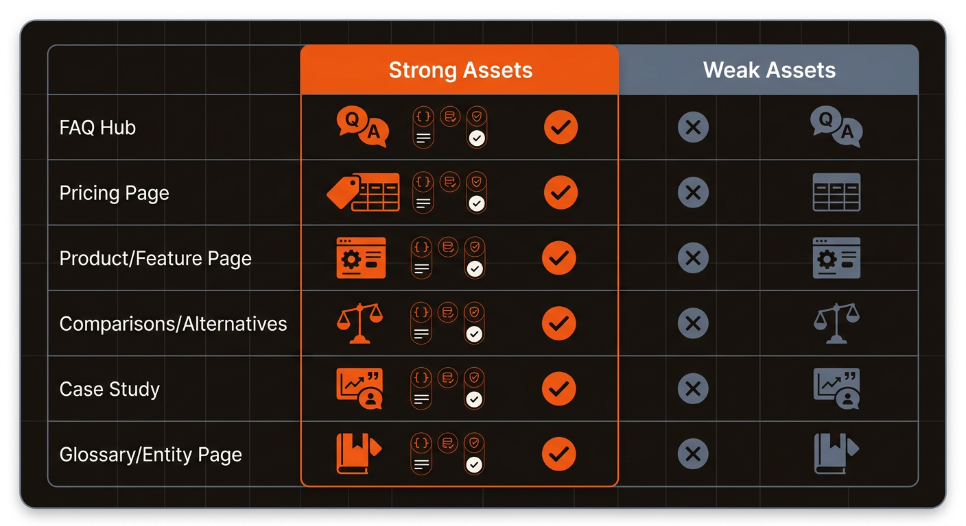 Split comparison table showing strong versus weak AI-citable content assets with icons and brand colors on a dark background.