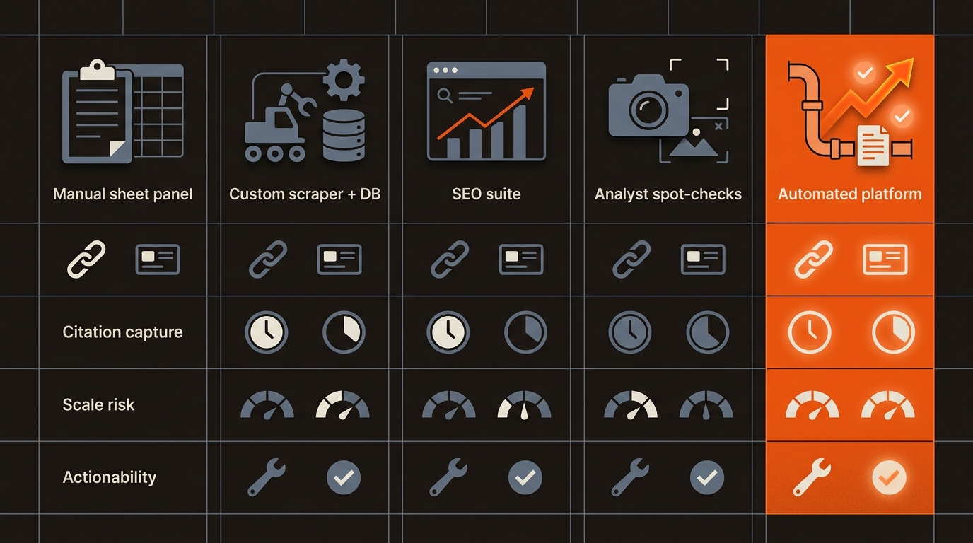 Stylized comparison grid of five tracking approaches with icons, where the automated platform column stands out in orange and shows an upward trend, on a dark background with blue‑gray supporting elements.