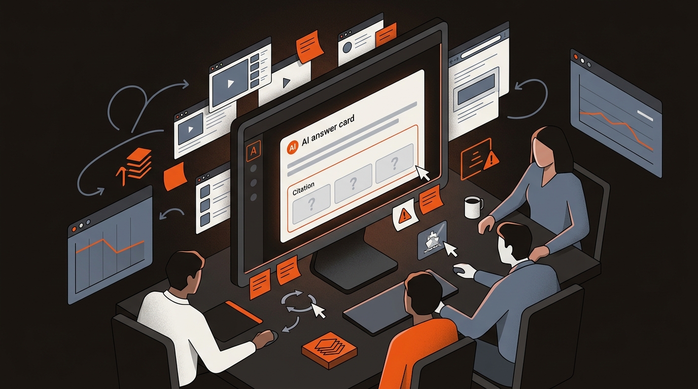 A dark, isometric workspace with a team surrounded by piles of AI answer screenshots and a main screen showing an answer with no citations, using brand colors orange (#f1560e), near-black (#181310), and blue‑gray (#65758b).