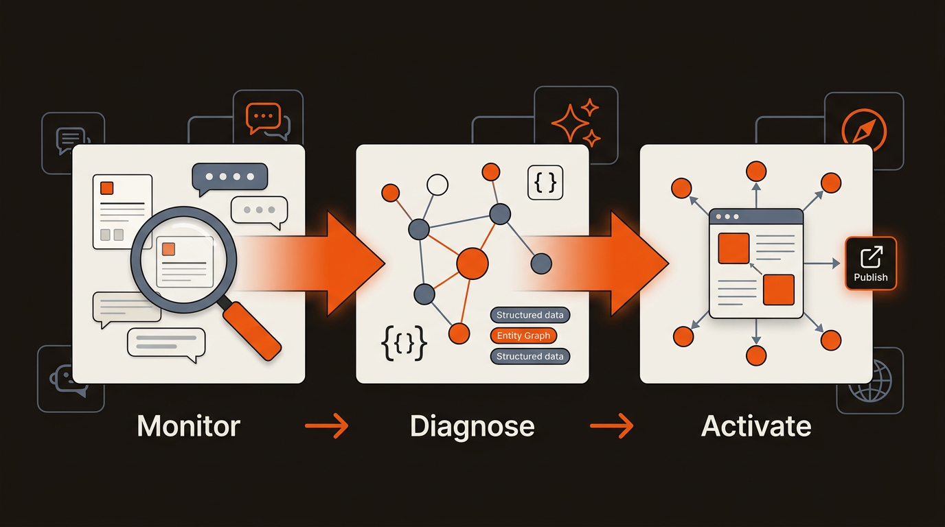 Hero illustration of a three-step flow—Monitor, Diagnose, Activate—connected across generic AI engine icons, using brand colors #f1560e, #181310, and #65758b.