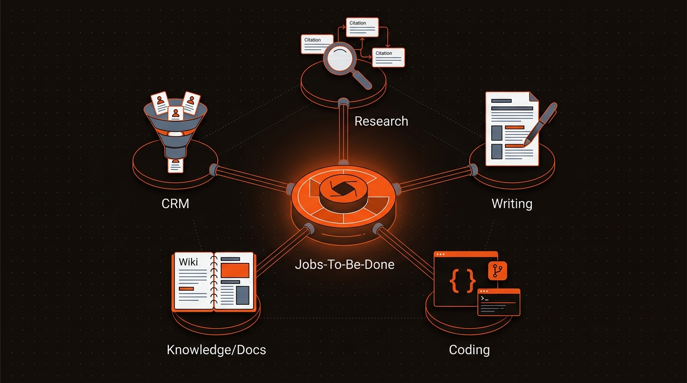 Hero illustration showing a central jobs-to-be-done hub connected to five nodes—research, writing, coding, knowledge/docs, and CRM—using clean vector icons and brand colors.