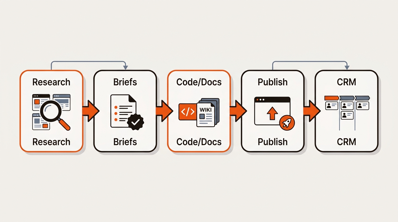 Vector flow diagram showing a five-step AI stack from research to briefs to code/docs to publish to CRM, linked by arrows in the brand color palette.