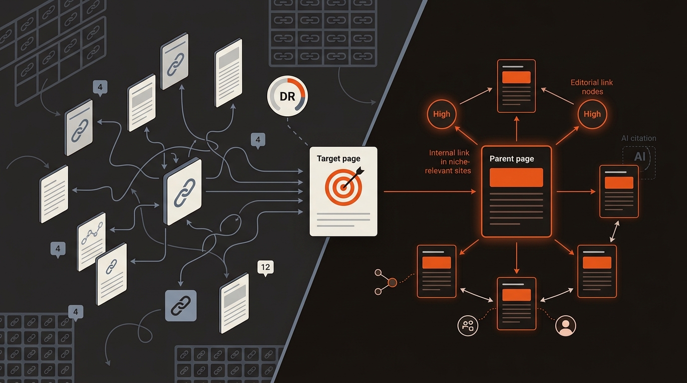 Split-screen illustration contrasting noisy, off-topic link volume with a focused topical cluster using a few high-signal editorial links and strong internal linking, in Mergeflo brand colors.