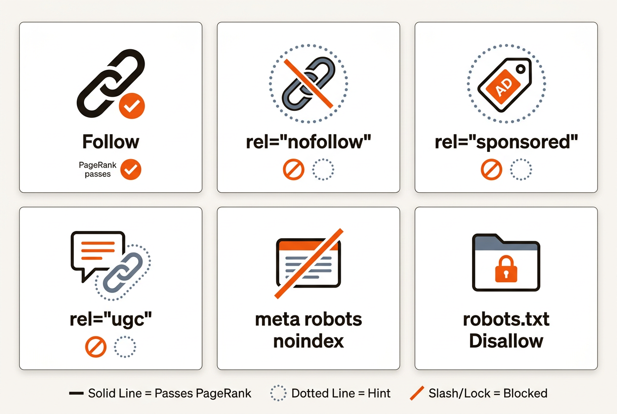 Grid infographic with six tiles comparing link attributes: Follow, Nofollow, Sponsored, UGC, Noindex, and Disallow—each with a clear icon and badges indicating PageRank flow, hint behavior, or blocking, styled in the brand’s orange, charcoal, and blue‑gray palette.