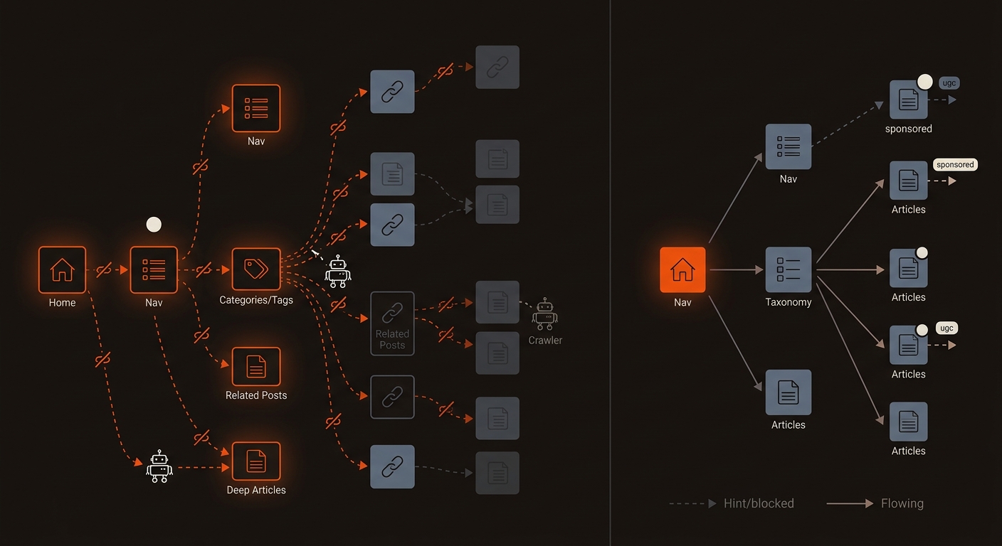 Two-panel illustration of a site link graph showing the failure mode: the left panel has many dashed, nofollow internal links that block a crawler’s path, while the right panel shows clean, followable internal links and only a few clearly labeled sponsored/UGC outbound links.