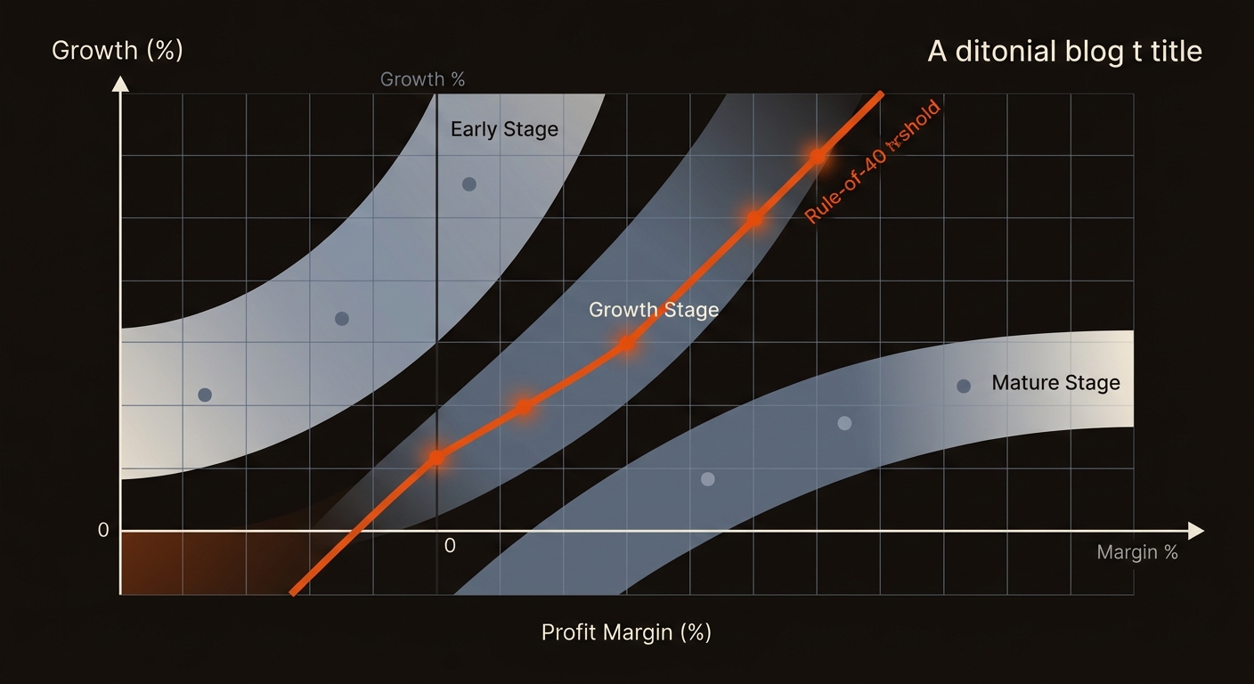 Editorial chart of SaaS growth versus profit margin with a bold diagonal Rule‑of‑40 threshold and translucent bands for early, growth, and mature stages.