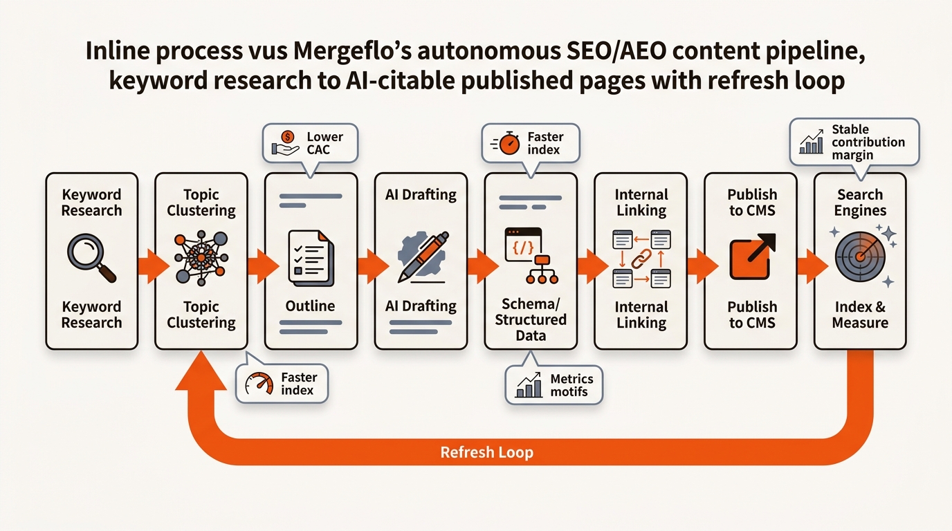 Vector flowchart of Mergeflo’s autonomous pipeline from keyword research and clustering to AI-drafted, schema-rich, internally linked pages that publish, get measured, and continuously refresh.