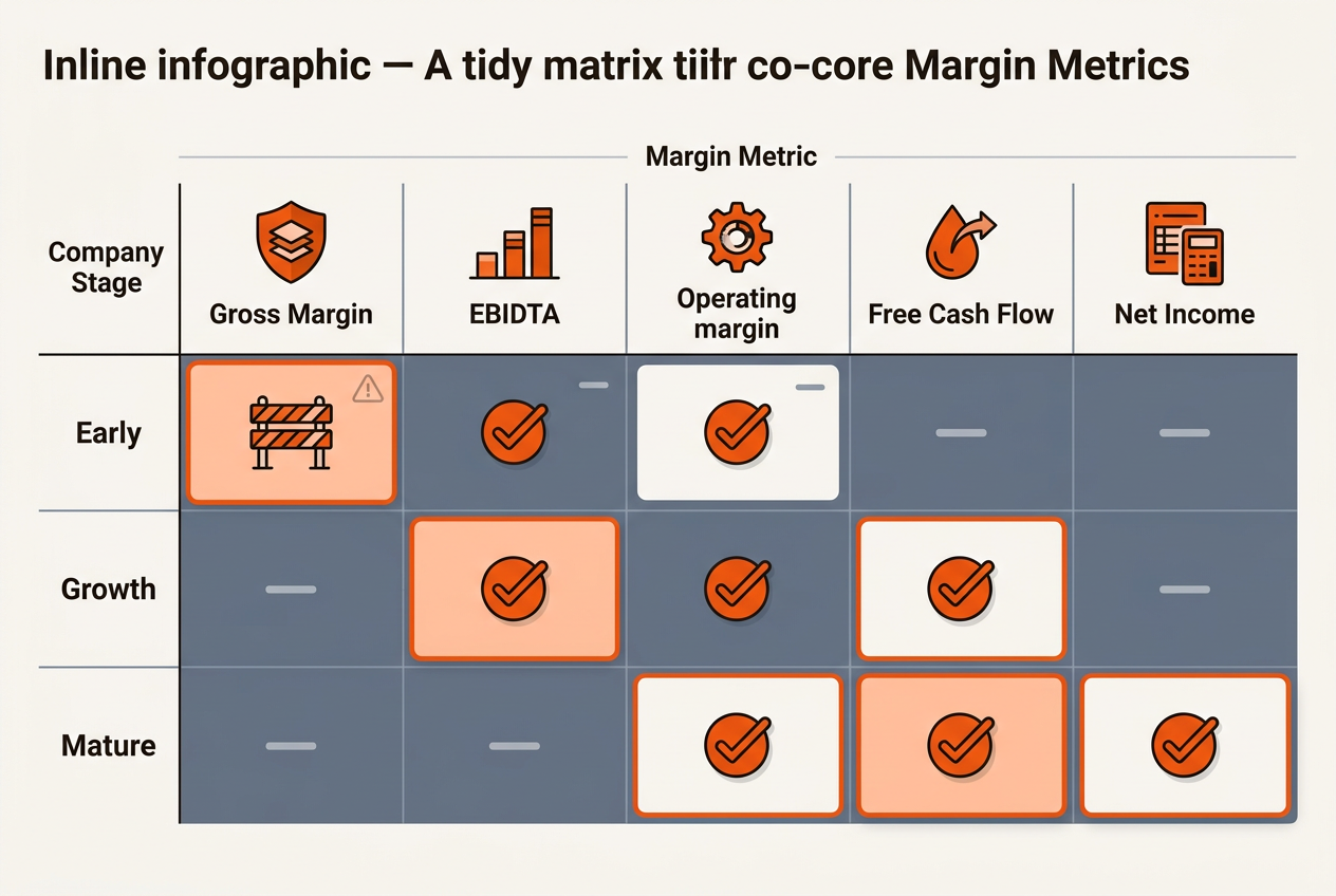 Matrix infographic mapping company stage to margin metrics, with orange highlights marking recommended choices and a muted caution on gross margin as a guardrail.