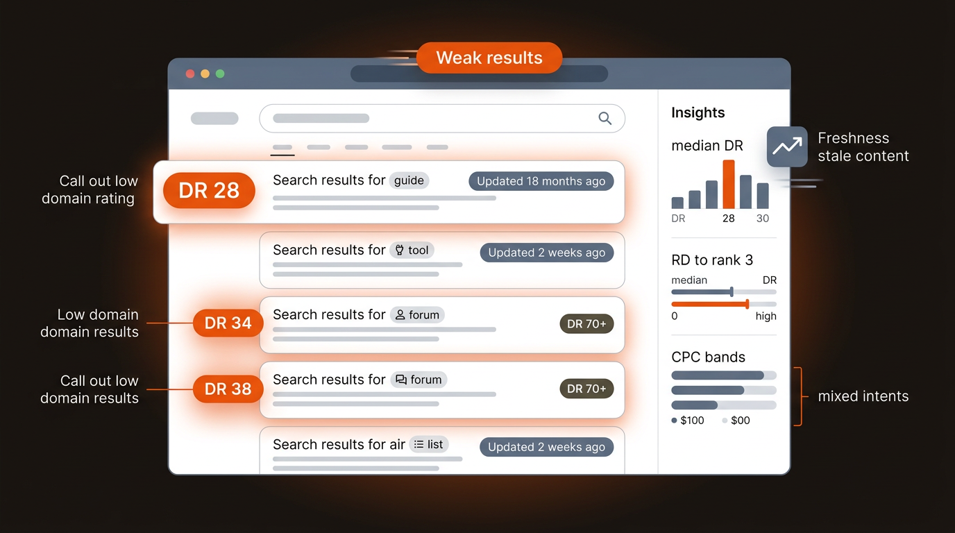 Hero illustration of a generic search results page annotated with DR badges, freshness chips, and intent icons, highlighting weak page-one results on a dark, brand-colored background.