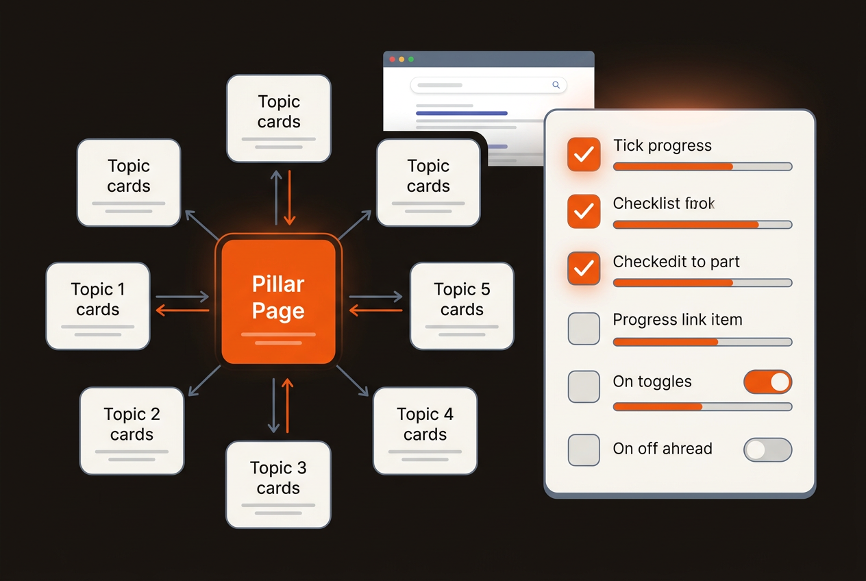 Illustration of a content cluster connected to a pillar page with a side checklist for fast SERP auditing, using brand orange accents on a dark background.