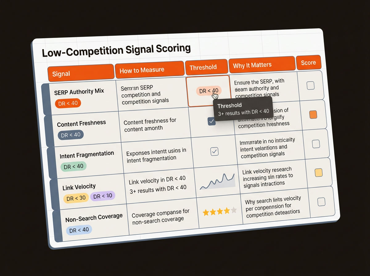 Stylized spreadsheet template showing columns for signal scoring and thresholds with colored tags, checkboxes, and small charts on a dark brand-themed background.