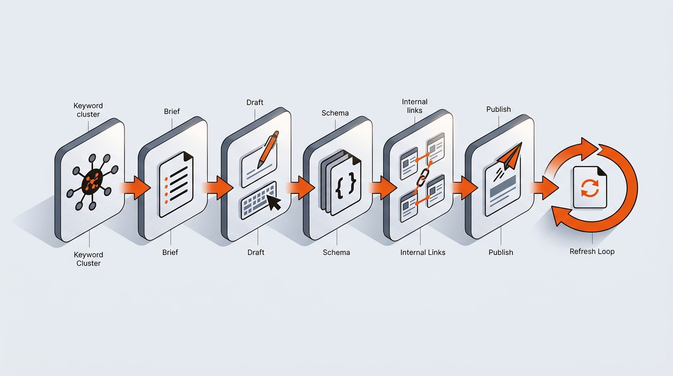 Linear-to-loop workflow diagram showing steps from keyword cluster through brief, draft, schema, internal links, and publish, ending with a circular refresh loop back to the start.